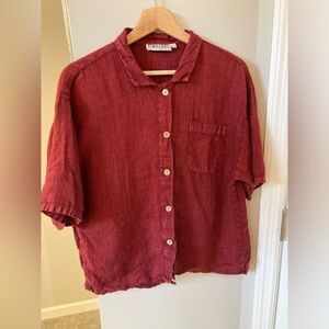Boxy, brick red linen short sleeve button down shirt
